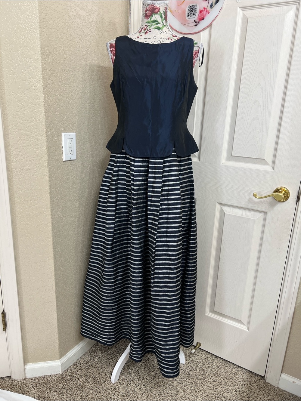 Night Way Collections Navy Peplum Bodice with Striped Maxi Skirt 80’s